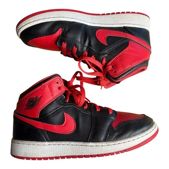Air Jordan 1 Mid Black and Fire Red High Tops - Picture 4 of 7